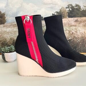 DKNY Black and Pink Ribbed Wedge Boots